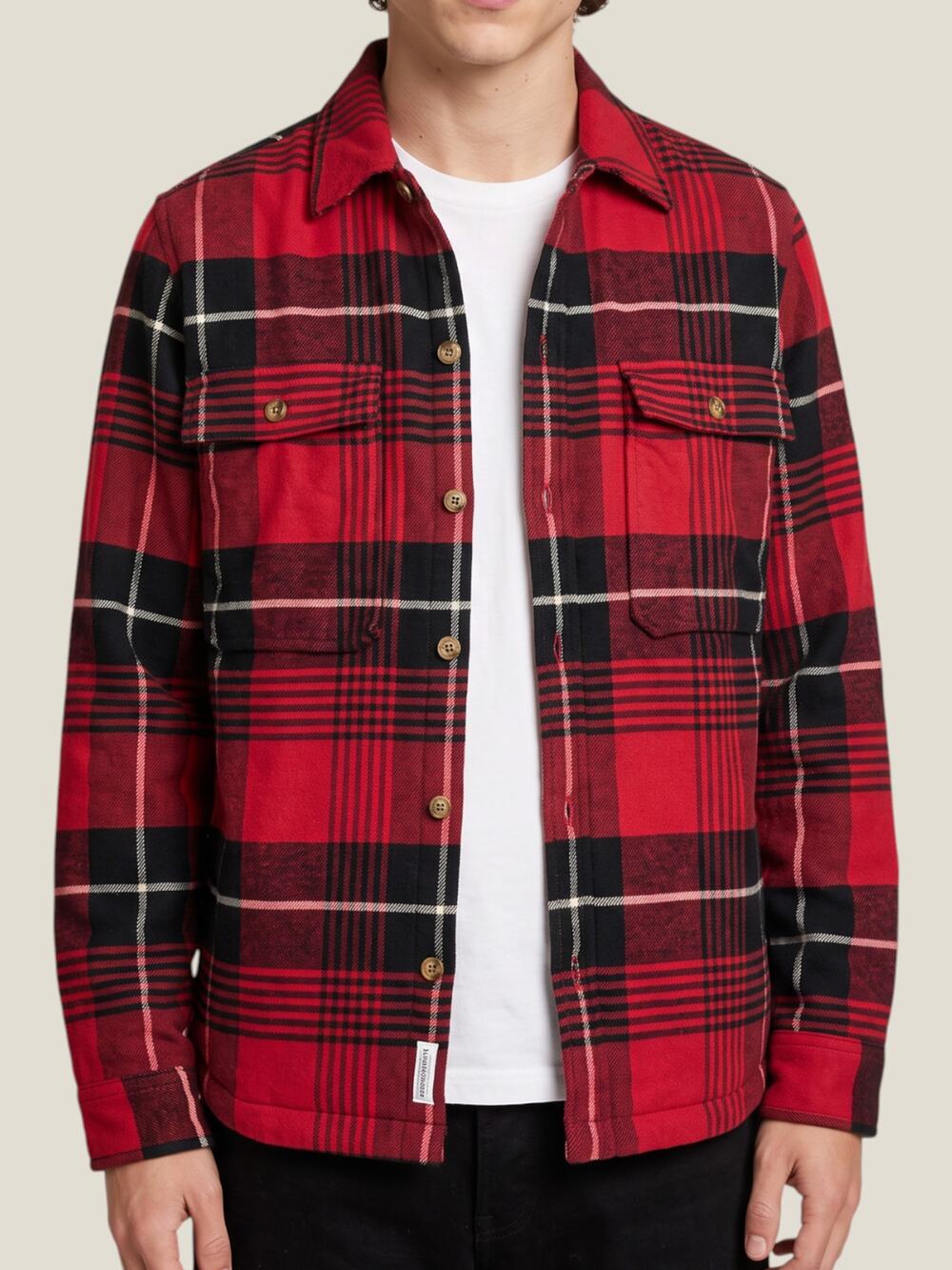 Timberland Mens S Quilted Plaid Flannel Shacket Red Black Workwear Jacket